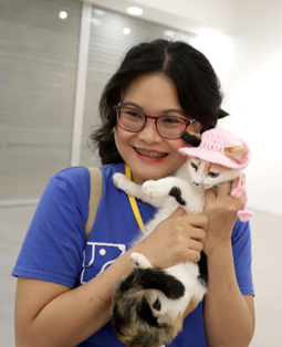 Volunteer holding a rescued kitten